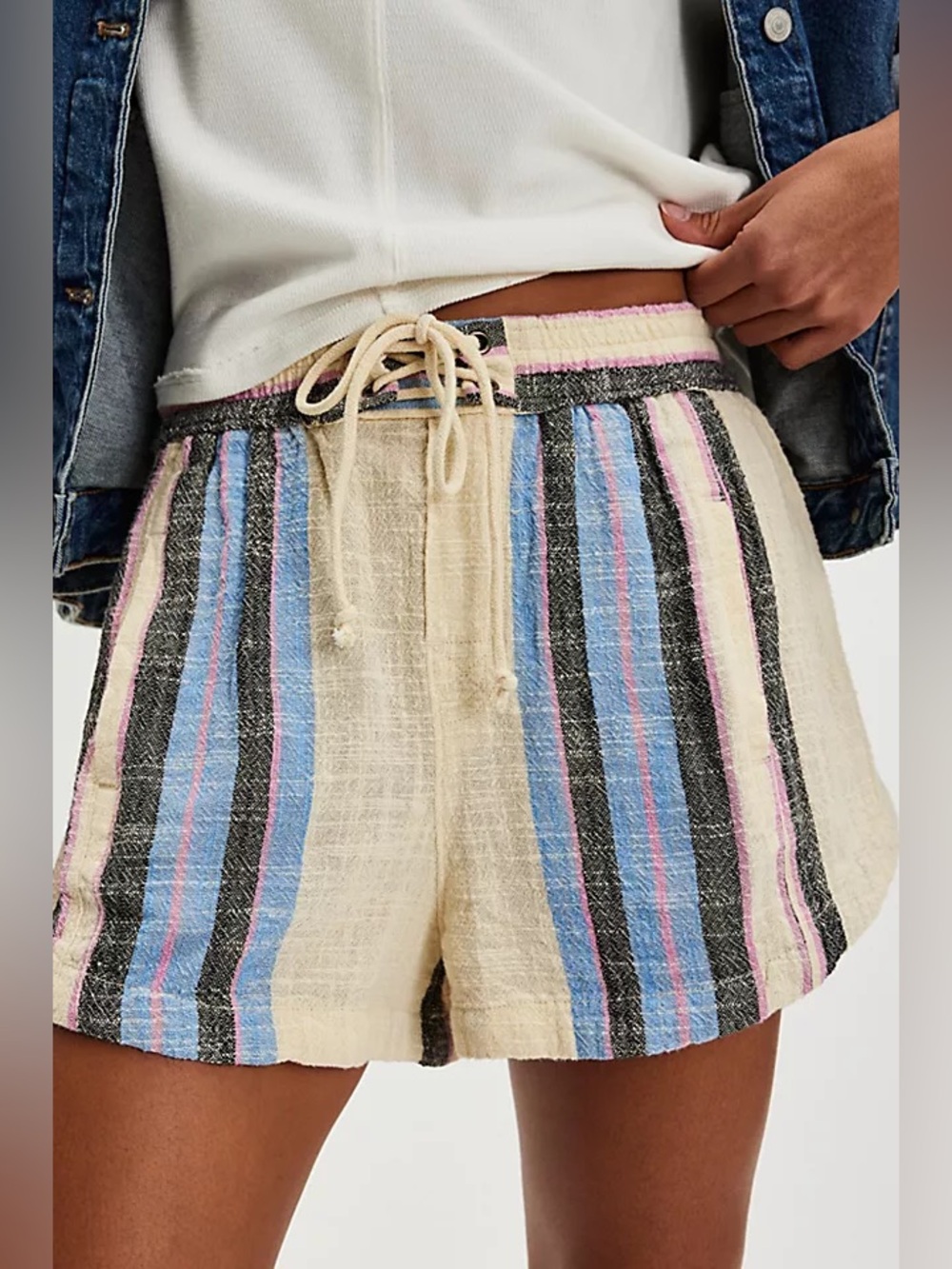 Free People Cream Striped Athletic Shorts